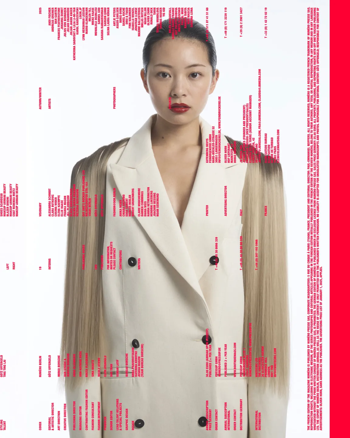 Cover von Numéro Berlin: TingTing Lai in einem cremefarbenen Mantel mit langen blonden Extensions (Instagram)