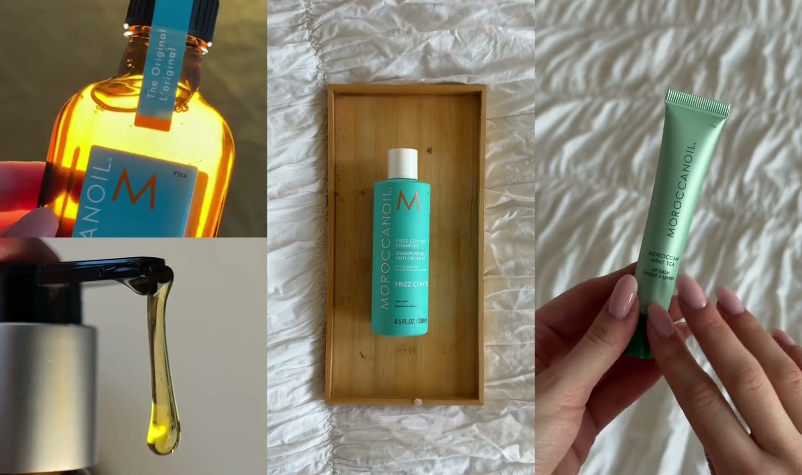 Drei UGC-Videos für Moroccanoil nebeneinander: das Moroccanoil Treatment im Gegenlicht, ein Frizz-Shampoo auf einem Holztablett und ein Lip Balm in der Hand