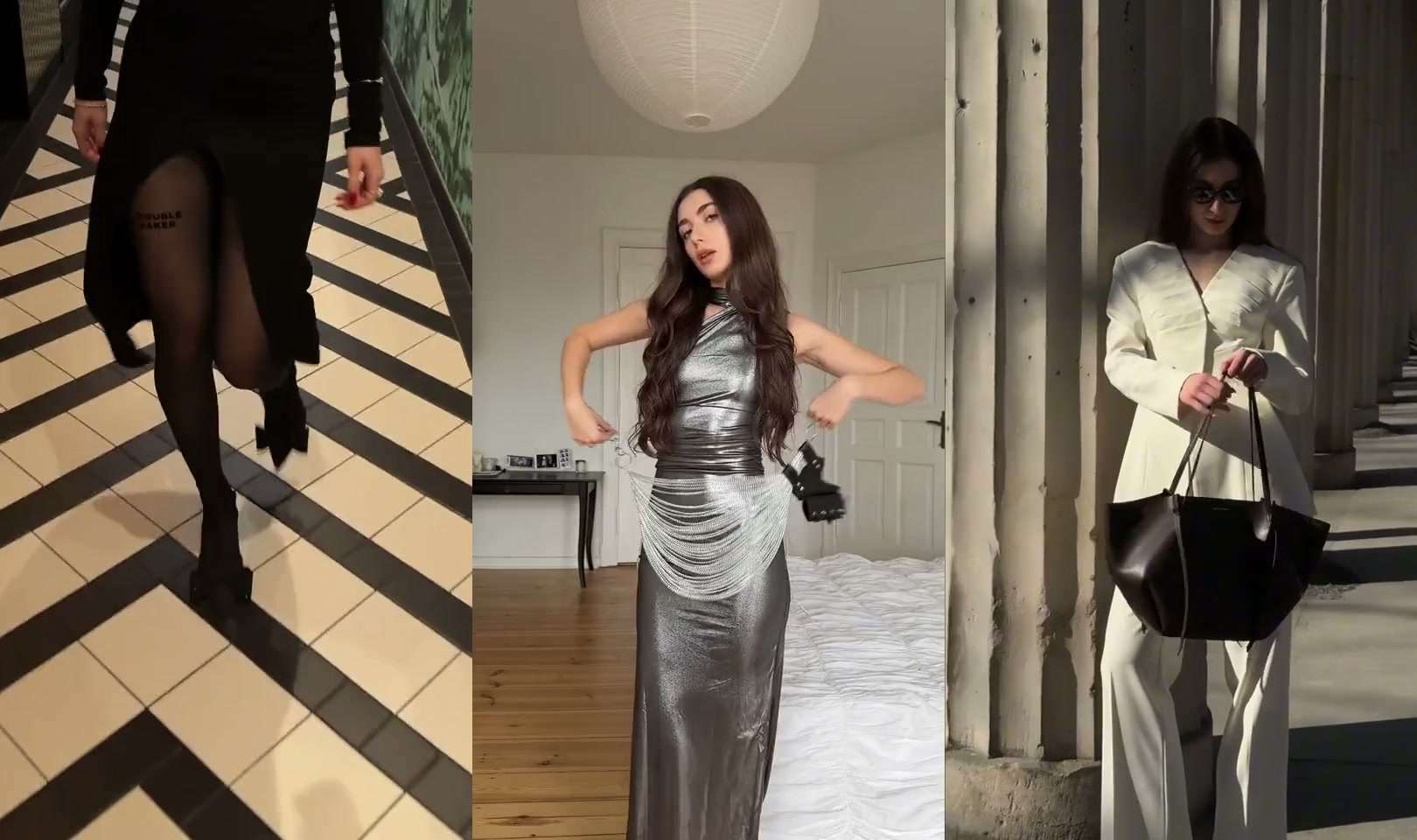 Drei Fashion-Produktvideos für Zalando nebeneinander: ein schwarzes Kleid auf einem gemusterten Fliesenboden, ein silbernes Kleid und ein cremefarbener Anzug zwischen Säulen