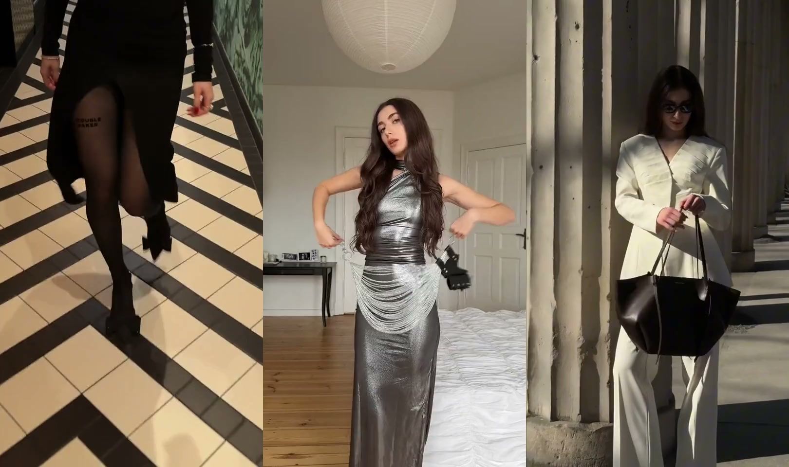 Drei Fashion-Produktvideos für Zalando nebeneinander: ein schwarzes Kleid auf einem gemusterten Fliesenboden, ein silbernes Kleid und ein cremefarbener Anzug zwischen Säulen